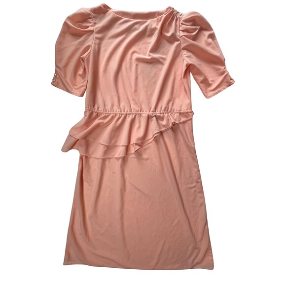 Vintage 80s‎ Peplum Party Dress Peach Pink Short Sleeves Buttons Wedding Retro S - Picture 7 of 14